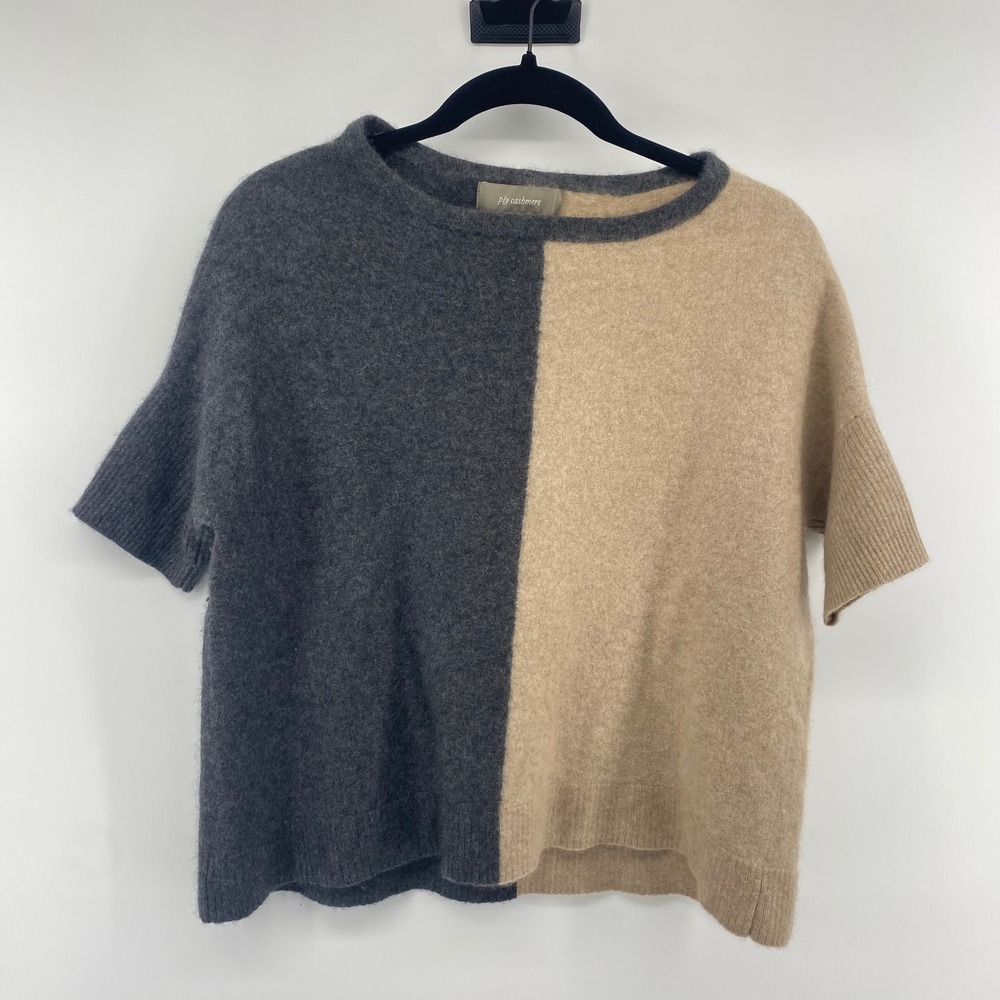 Ply Cashmere Sweater Womens S/M Gray Tan Colorblock Short Sleeve 100% Cashmere